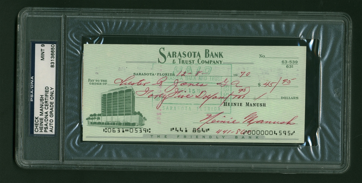 Heinie Manush Near-Mint Signed & Handwritten 1970 Personal Bank Check (PSA/DNA Encapsulated)