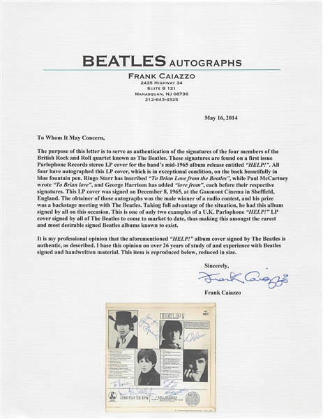 The Beatles Extraordinary Complete Group Signed Help! UK Record Album - One of only TWO Known to Exist! (Beckett/BAS Graded MINT 9)