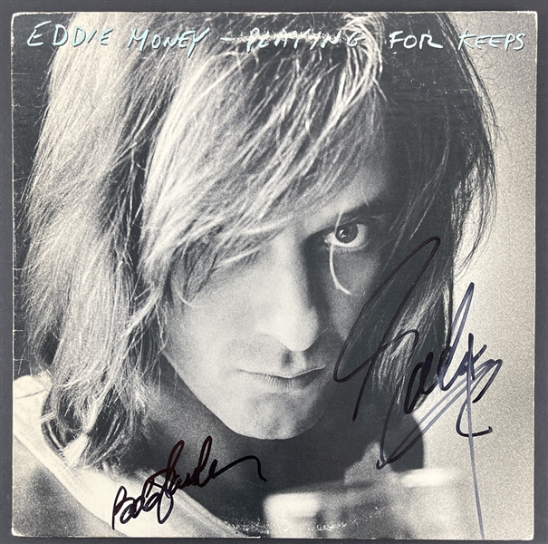 Eddie Money : Eddie Money and Bob Glaub Signed "Playing For Keeps"  Album Cover (BAS Guaranteed)
