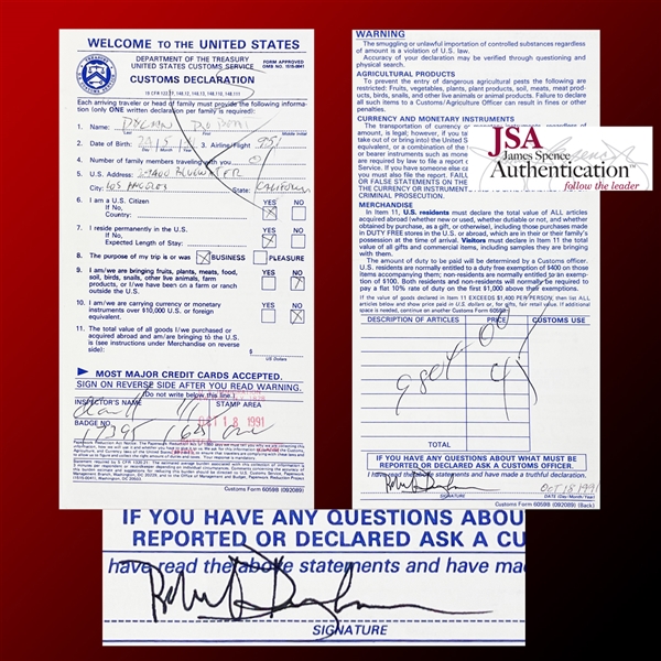 Bob Dylan Signed U.S. Customs Declaration with RARE Full "Robert Dylan" Signature! (JSA LOA) 