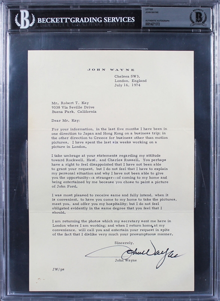 John Wayne Typed Signed Letter - The Duke Fires of An Angry Response! (Beckett/BAS Encapsulated)