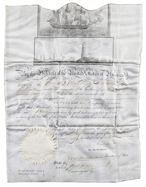 President Andrew Jackson & Sec. of State Martin Van Buren Signed Ships Passport (Beckett/BAS LOA)