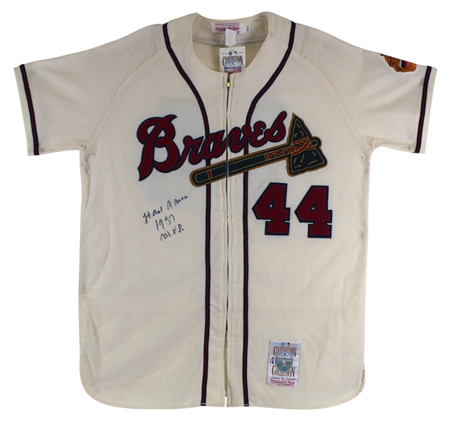 Hank Aaron Signed Braves Mitchell & Ness Vintage Wool Style Jersey with "1957 MVP" Inscription (PSA/DNA)