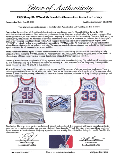 Shaquille O'Neal PHOTO MATCHED Game Worn Jersey from 1989 McDonald's All-American Game - The Earliest Shaq Jersey to Ever Appear on The Market! (Sports Investors/SIA)(Shaq LOA)