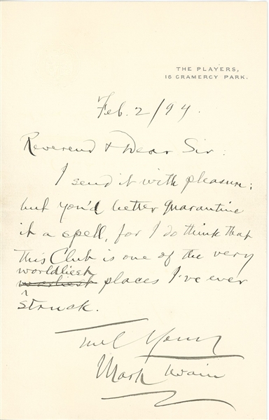 Mark Twain Handwritten 1894 Letter Signed (JSA LOA)
