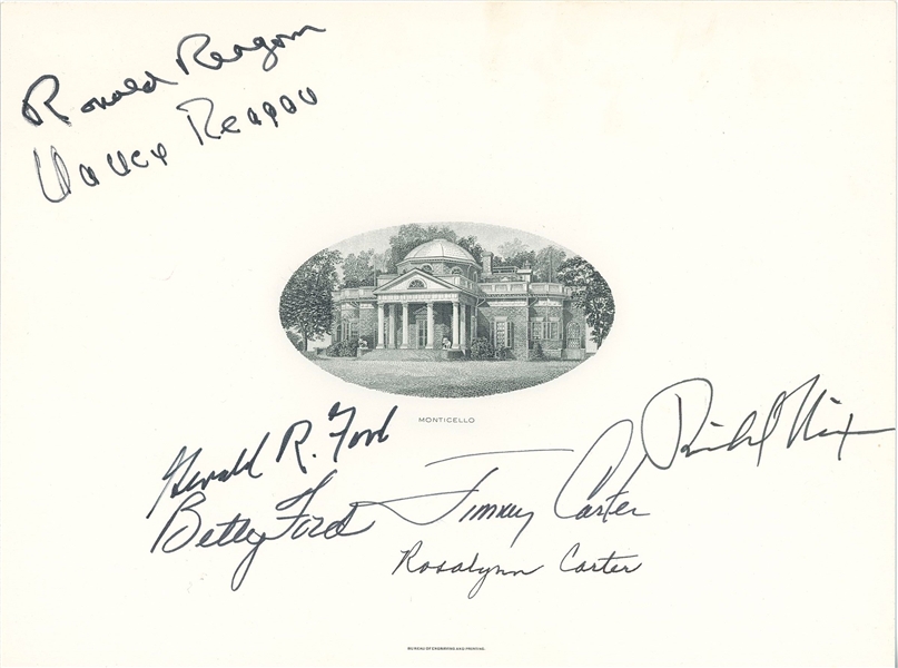 Four Presidents & First Ladies: Reagan, Ford, Carter & Nixon Signed “Monticello” Engraving (7 Sigs) (Beckett/BAS Guaranteed)