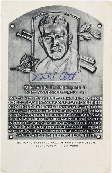 Mel Ott Rare Signed & Handwritten Hall of Fame Plaque Postcard (JSA)