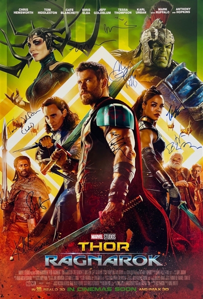 Original Full Size Thor Ragnarok Poster w/ Hiddleston, Hemsworth, Elba, & More! (9Sigs)(Beckett/BAS LOA)