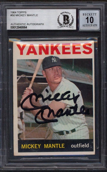 Mickey Mantle Signed 1964 Topps #50 with GEM MINT 10 Autograph (Beckett/BAS Encapsulated)