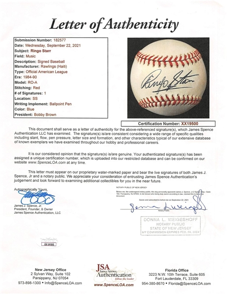The Beatles: Ringo Starr Single Signed OAL Baseball with Desirable Full Name Autograph (JSA & Caiazzo LOAs)