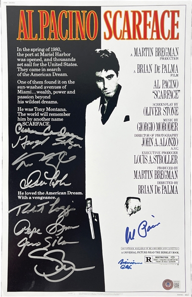 "Scarface" Phenomenal Cast Signed 11" x 17" Movie Poster with Pacino, Bauer, Loggia, etc. (11 Sigs)(Steve Grad Collection)(Beckett/BAS LOA)