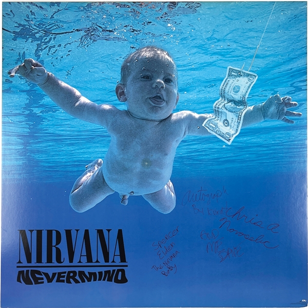 Nirvana Amazing Complete Band Signed 40 x 40 Promotional Poster for Nevermind - Also Signed by The Nirvana Baby! (JSA & Epperson/REAL LOAs)