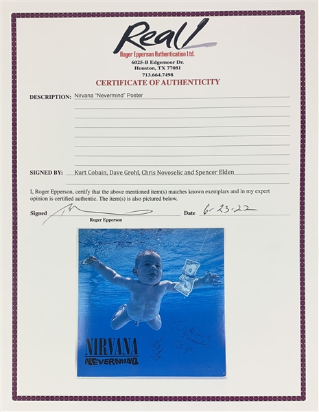 Nirvana Amazing Complete Band Signed 40 x 40 Promotional Poster for Nevermind - Also Signed by The Nirvana Baby! (JSA & Epperson/REAL LOAs)