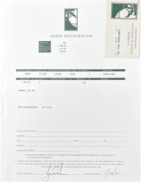 Tiger Woods Signed Hotel Guest Registration Form for 2005 Buick Invitational - Checking in As "Mr. Eric Cartman" (South Park Reference)(PSA/DNA LOA)