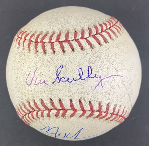 Dodgers Greats: Vin Scully & Clayton Kershaw Game Used & Dual Signed OML Baseball :: 5-1-09 vs Padres :: Ball Pitched by Kershaw (PSA/DNA & MLB Authentication)