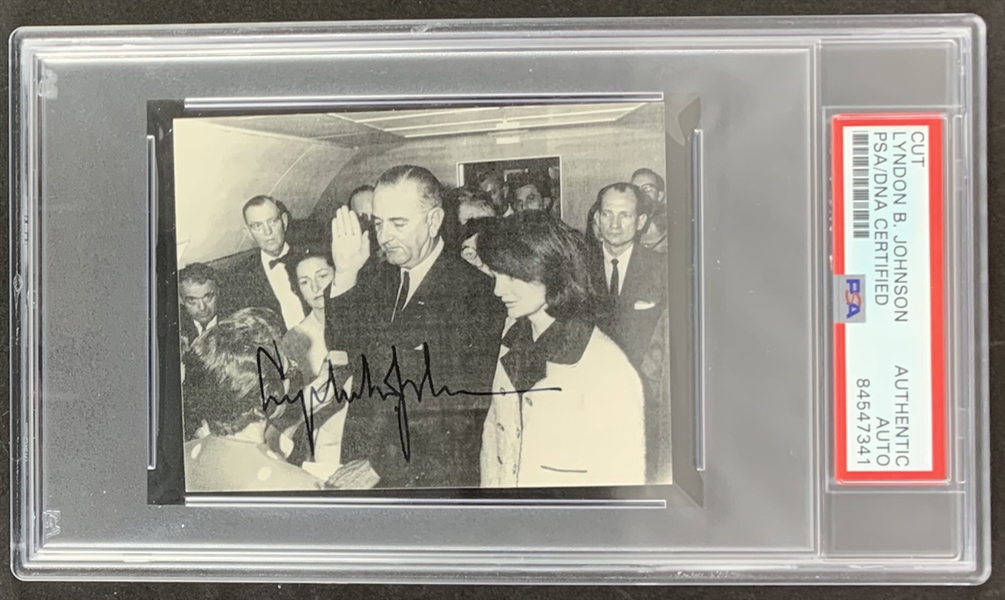 President Lyndon Johnson Signed Book Page Print Featuring Historic Presidential Swearing In with Jackie Kennedy (PSA/DNA Encapsulated)