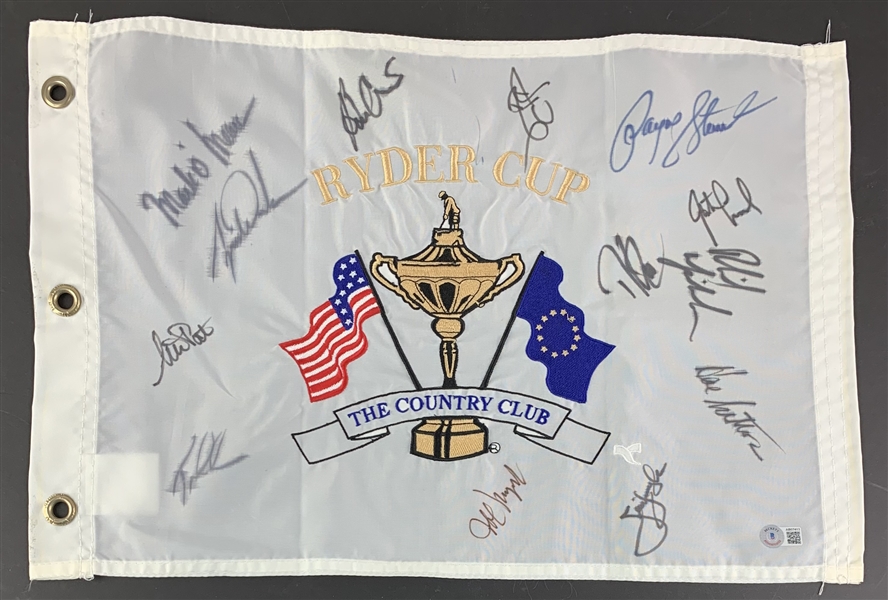 1999 Ryder Cup Team USA Signed Souvenir Pin Flag with Tiger, Stewart, Mickelson, etc. (13 Sigs)(Beckett/BAS LOA)