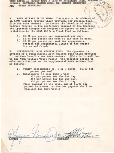 Jayne Mansfield Vintage Signed 1963 Document (Beckett/BAS Guaranteed)