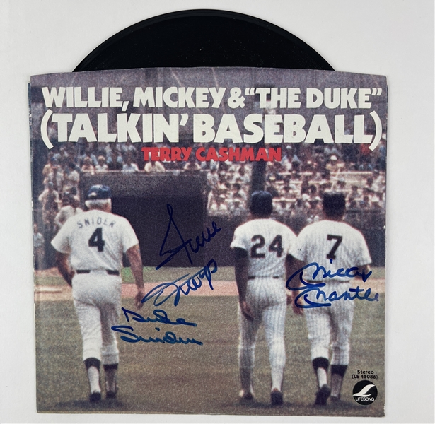 Mickey Mantle, Willie Mays & Duke Snider Unique Signed "Talkin Baseball" Terry Cashman 7-Inch Record Sleeve (PSA/DNA LOA)