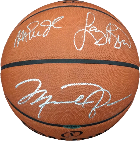 Michael Jordan, Larry Bird & Magic Johnson Signed "NBA Legends" Spalding NBA Game Model Leather Basketball (UDA, Beckett/BAS & Bird Hologram)