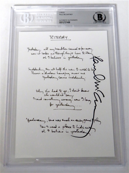 The Beatles: Paul McCartney Signed "Yesterday" 5” x 7” Lyric Sheet (Beckett/BAS Encapsulated & JSA LOA)