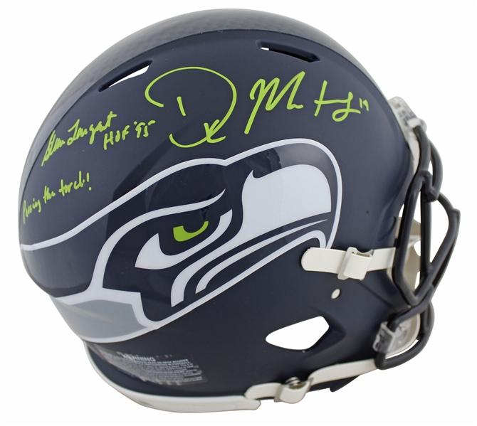 Seahawk WRs: Steve Largent & DK Metcalf Dual Signed and "Passing The Torch"  Inscripted Full Sized Seahawks Helmet (BAS)