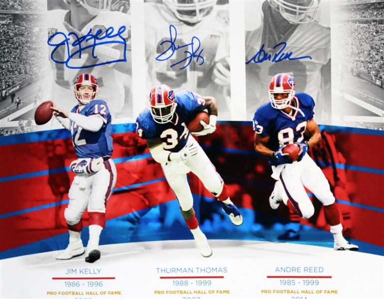 Bills Legends: Jim Kelly, Thurman Thomas & Andre Reed Signed 16 x 20 Color Photo (BAS)
