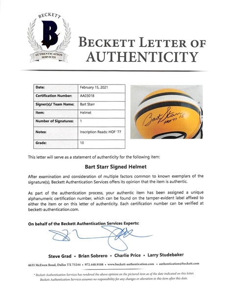 Bart Starr Signed Packers Full Sized Helmet Graded Gem Mint 10 (BAS)