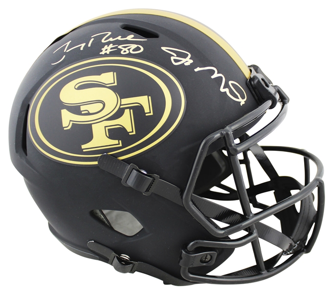 49ers GOATS: Joe Montana & Jerry Rice Signed Gold Speed Flex Eclipse Replica Helmet (Beckett/BAS)