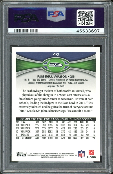 Russell Wilson 2012 Topps Chrome #40 Rookie Card PSA Graded Gem Mint 10!