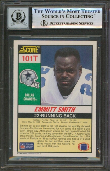 Emmitt Smith Signed 1990 Score Supplemental #101T Rookie Card with GEM MINT 10 Autograph (Beckett/BAS Encapsulated)