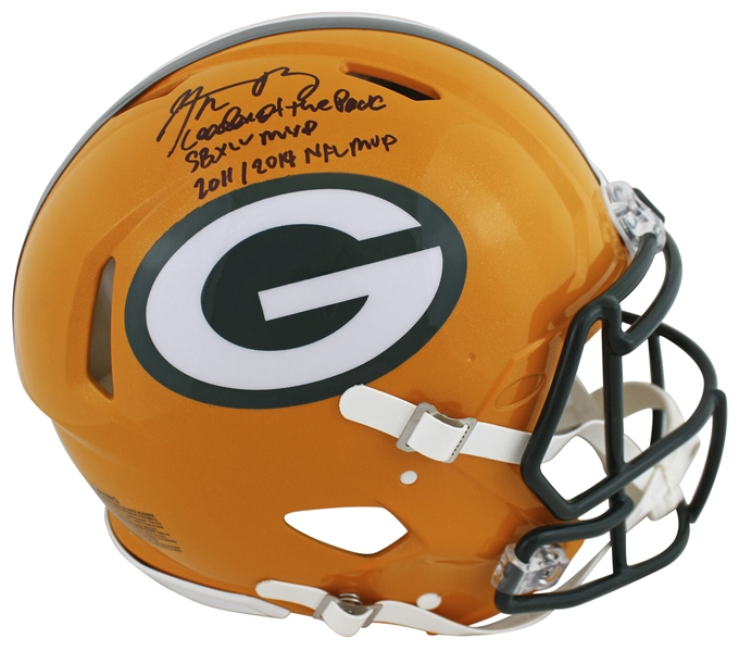 Aaron Rodgers Signed Packers Speed Proline Authentic Game Model Helmet with 3 Inscriptions (Fanatics Hologram & COA)