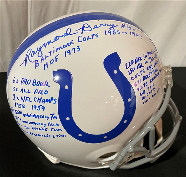 Raymond Berry Signed & Stat Inscribed Colts Replica Helmet (JSA Witnessed)