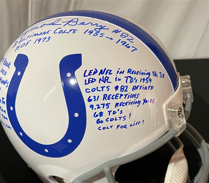 Raymond Berry Signed & Stat Inscribed Colts Replica Helmet (JSA Witnessed)