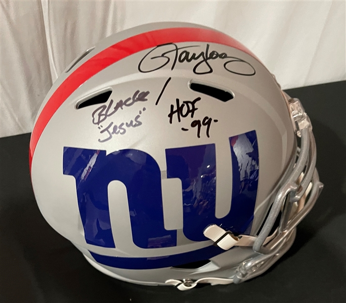 Lawrence Taylor Signed & Black Jesus, HOF 99 Inscribed NY Giants Replica Helmet (JSA Witnessed)