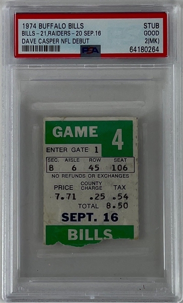 Dave Casper 1974 NFL Debut Ticket Stub (PSA/DNA Encapsulated)