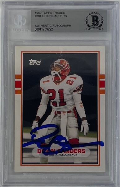 Deion Sanders Signed 1989 Topps Traded #30T Rookie Card (Beckett/BAS Encapsulated)