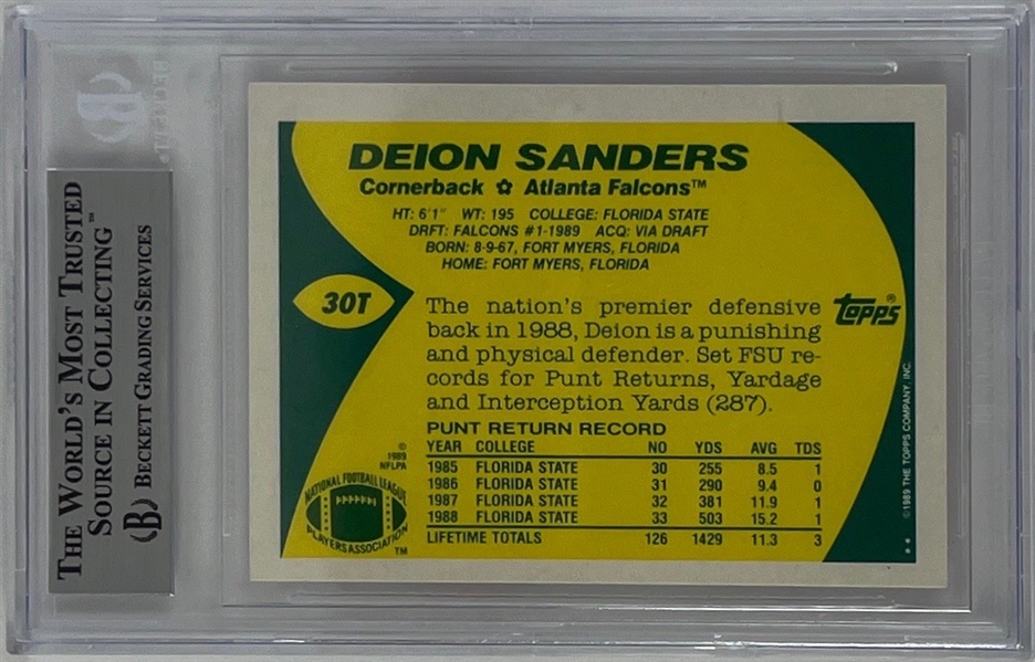 Deion Sanders Signed 1989 Topps Traded #30T Rookie Card (Beckett/BAS Encapsulated)