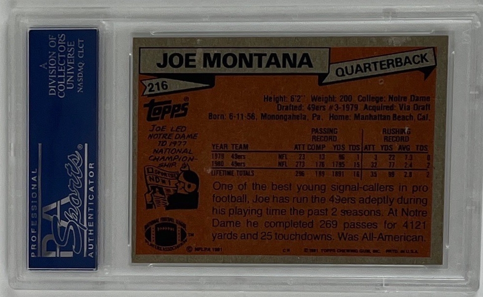 Joe Montana Rare Signed 1981 Topps Rookie Card #216 (PSA/DNA Encapsulated)