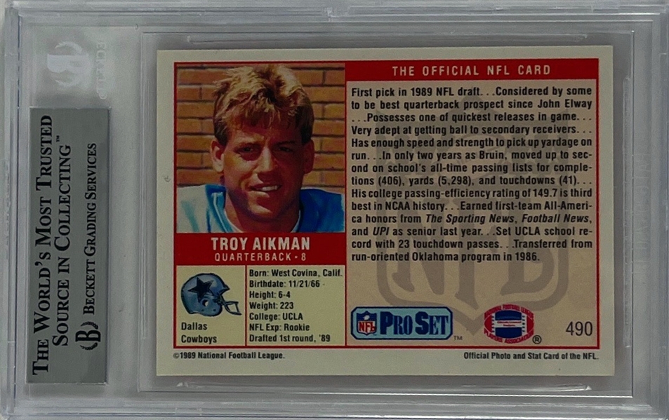 Troy Aikman Signed 1989 Pro Set #490 Rookie Card (Beckett/BAS Encapsulated)