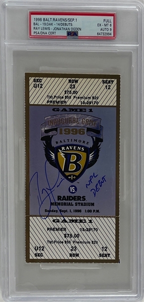 Ray Lewis & Jonathan Ogden 1996 NFL Debut Ticket w/ Lewis Signature Auto Graded 9! (PSA/DNA)