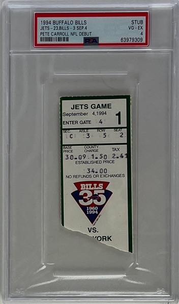 Pete Carroll NFL Debut 1994 Bills Game Ticket (PSA/DNA Encapsulated)