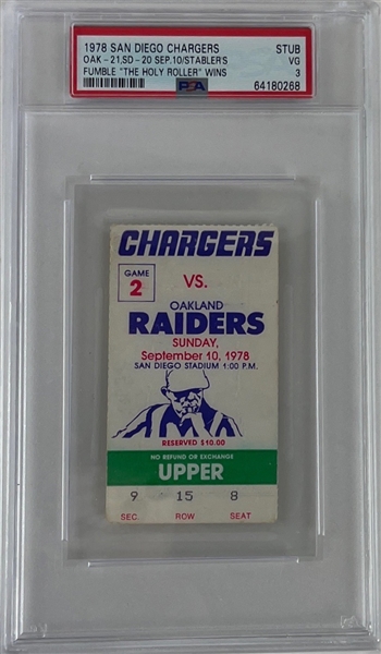 1978 Chargers VS. Raiders Holy Roller Game Ticket Stub (PSA/DNA Encapsualted)