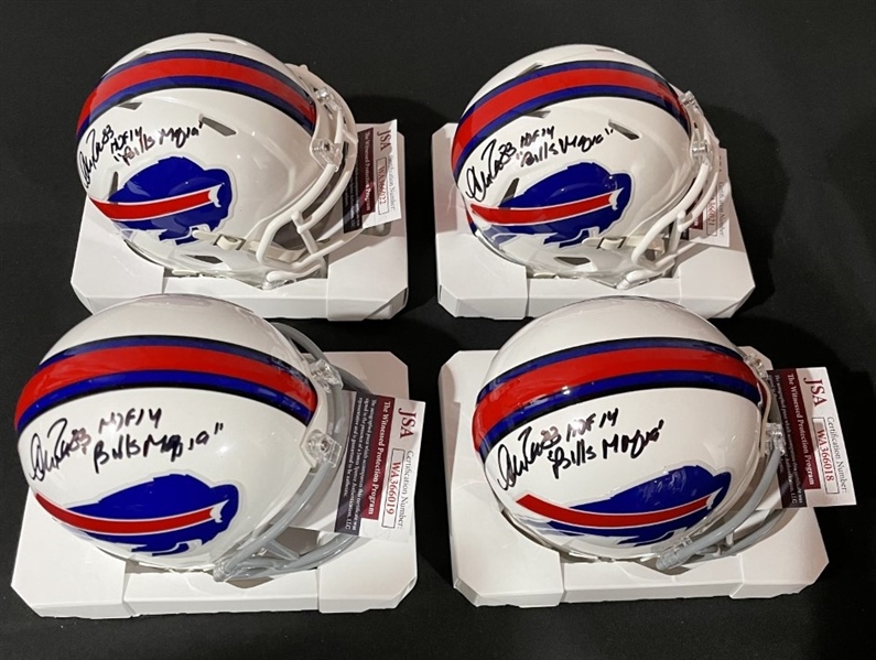 Lot of Four (4) Andre Reed Signed & Inscribed Bills Mini Helmets (JSA Witnessed)