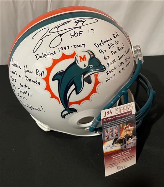 Jason Taylor Signed & Stat Inscribed Miami Dolphins Replica Helmet (JSA Witnessed)