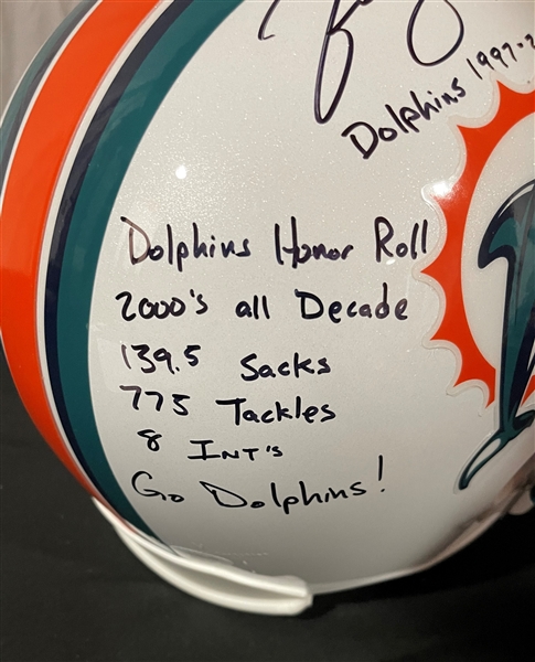 Jason Taylor Signed & Stat Inscribed Miami Dolphins Replica Helmet (JSA Witnessed)