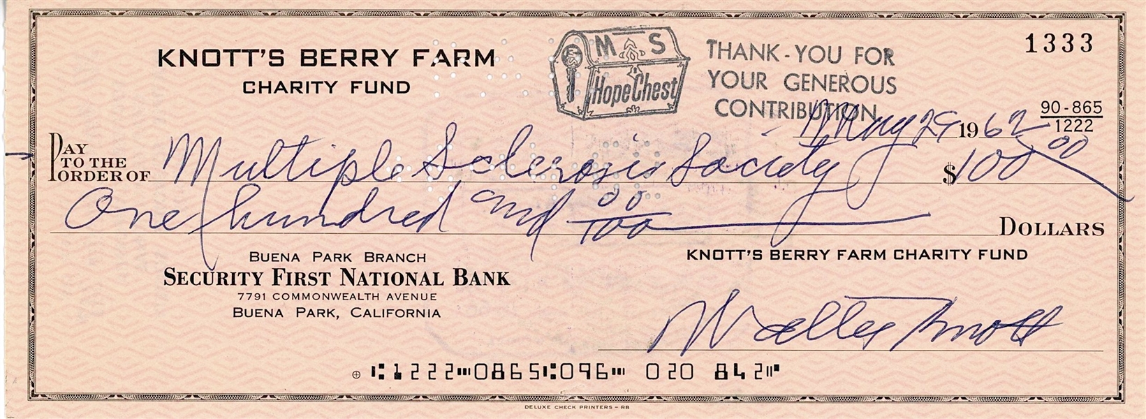 Walter Knott Signed Check (Third Party Guaranteed)