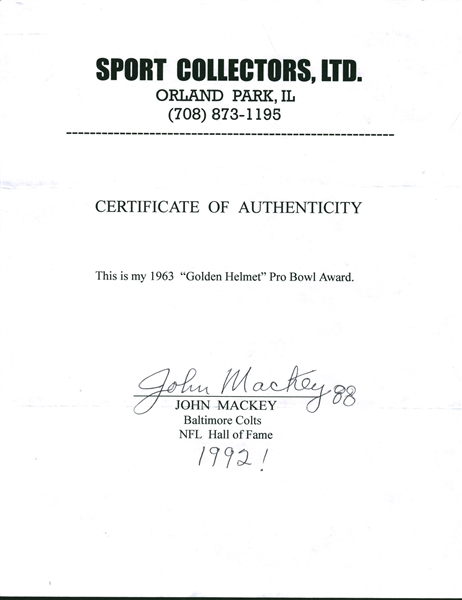 John Mackey Golden Helmet Award From 1963 East-West Pro Bowl -- With LOA From Mackey!