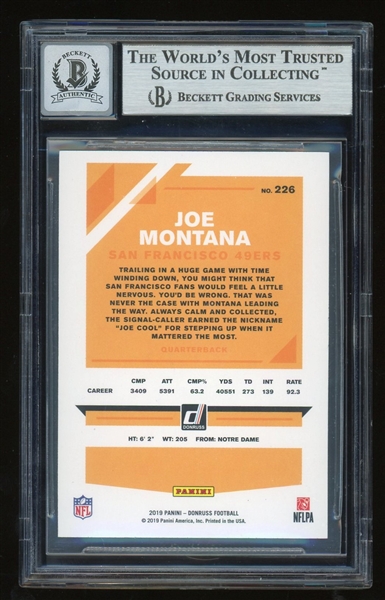 Joe Montana Signed #226 2019 Donruss TC w/ Gem Mint 10 Auto! (Beckett/BAS Encapsulated)