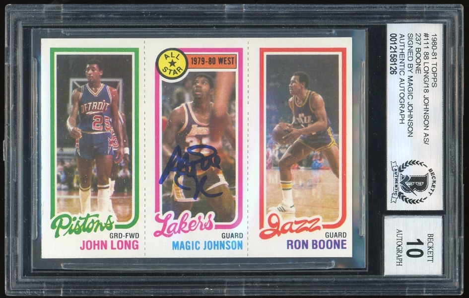 1980-81 Topps Magic Johnson Signed Rookie #111 w/Long & Boone - Magics Rookie - Beckett/BAS Graded GEM MINT 10 Autograph